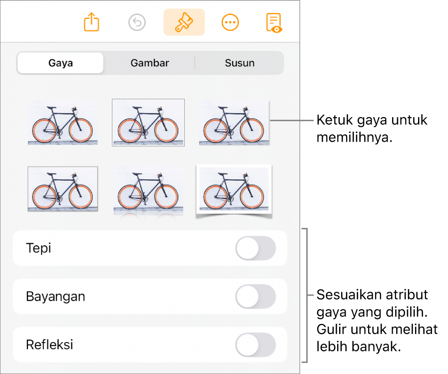 Tab Gaya menu Format dengan gaya objek di bagian atas dan kontrol di bawahnya untuk mengubah tepi, bayangan, refleksi, dan opasitas.