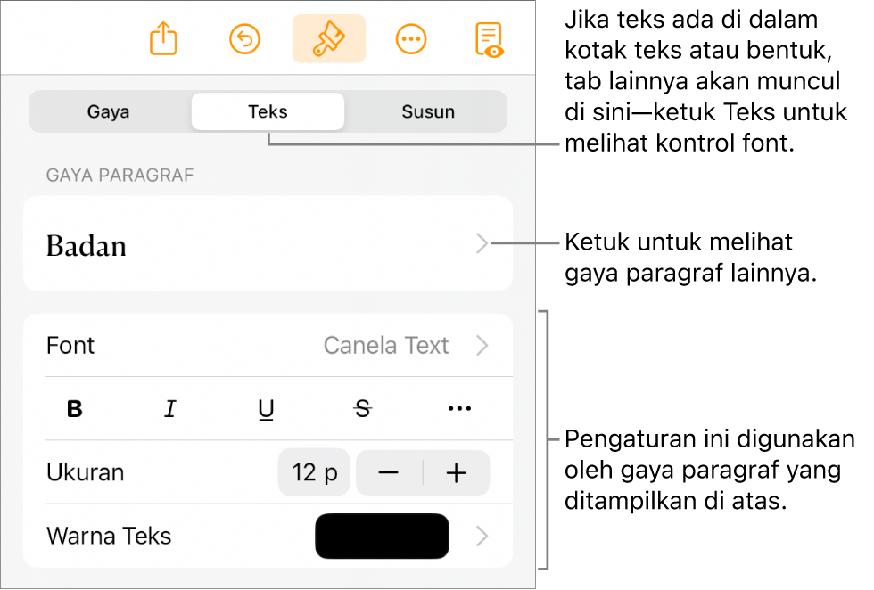 Menu Format menampilkan kontrol teks untuk mengatur paragraf dan gaya karakter, font, ukuran, dan warna.