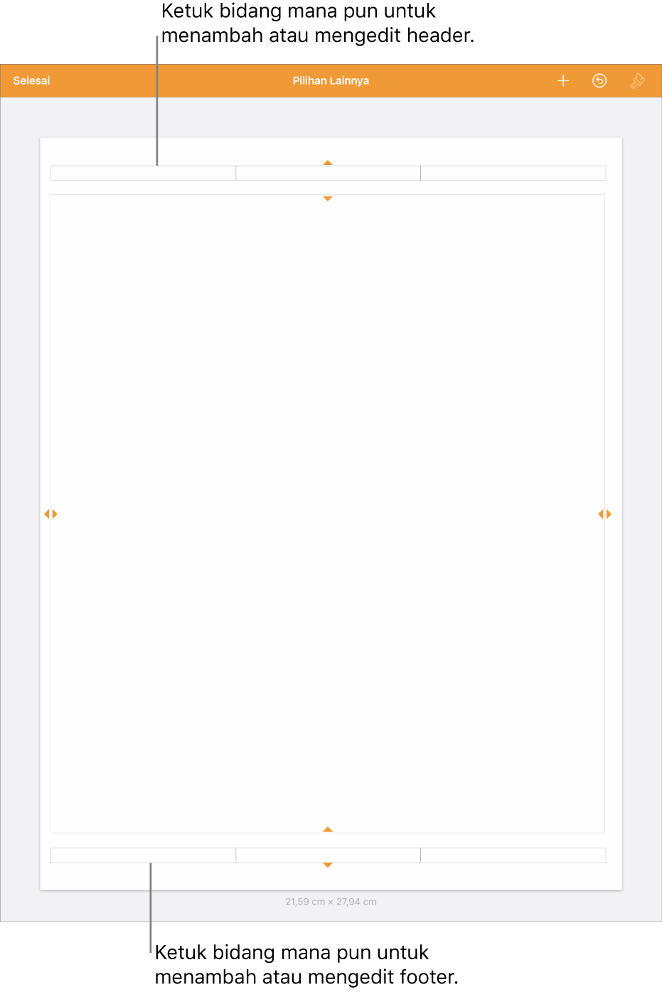 Tampilan Pilihan Lainnya dengan tiga bidang di bagian atas dokumen untuk header dan tiga bidang di bagian bawah untuk footer.