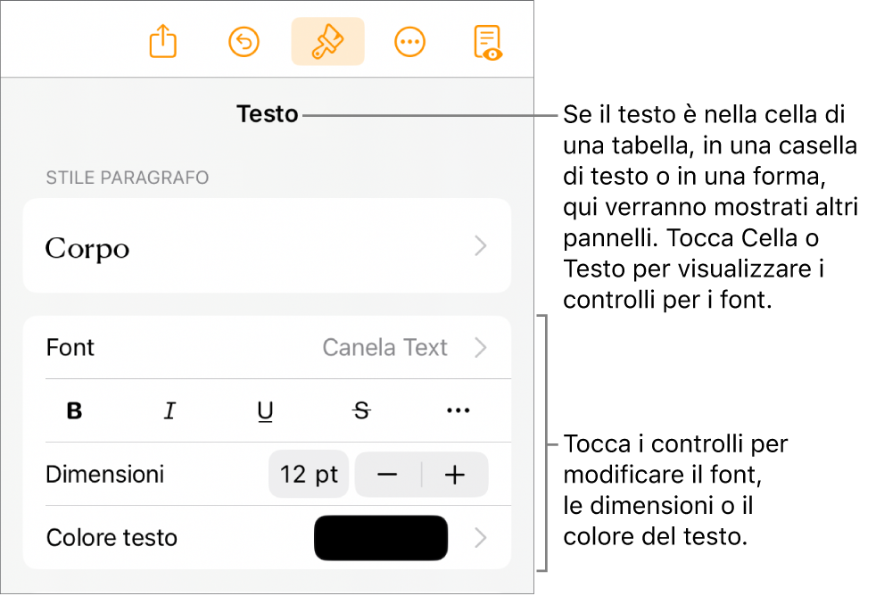 Controlli di testo nel menu Formattazione per impostare stili di carattere e paragrafo, font, dimensione e colore.