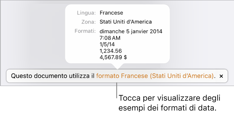 La notifica della diversa impostazione di lingua e zona, con esempi dei formati.