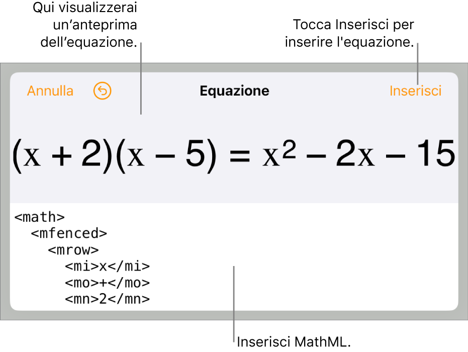La finestra di dialogo Equazione che mostra l’equazione scritta tramite comandi MathML e un’anteprima della formula di cui sopra.