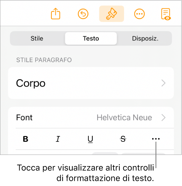 Il pannello Testo dei controlli di Formattazione con una didascalia per il pulsante “Altre opzioni di testo”.