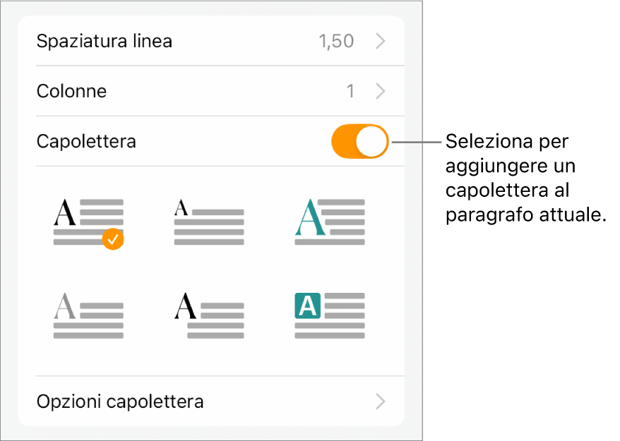 I controlli Capolettera situati nel menu Testo.
