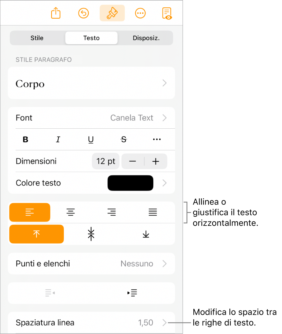 Il pulsante dei controlli di Formattazione con il pannello Testo selezionato e didascalie dei pulsanti di allineamento testo e dell’elemento del menu “Spaziatura linea”.