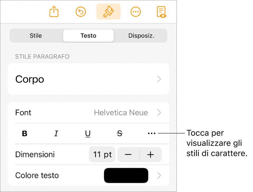 I controlli Formato con gli stili di paragrafo nella parte superiore, quindi i controlli Font. Sotto Font sono presenti i pulsanti Grassetto, Corsivo, Sottolineato, Barrato e “Altre opzioni di testo”.