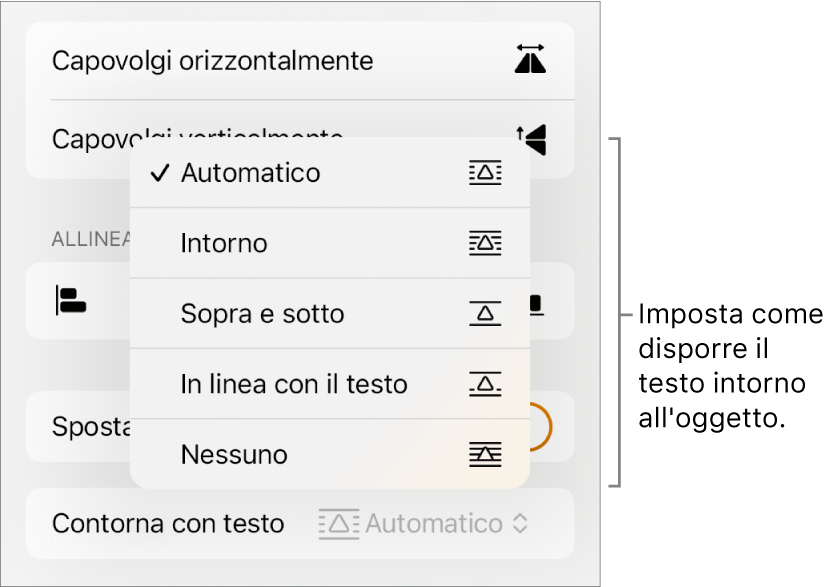 I controlli di Formattazione con il pannello Disposizione selezionato. Al di sotto si trovano i controlli di “Contorna con testo” con “Sposta indietro/avanti”, “Sposta col testo” e “Disposizione testo”.