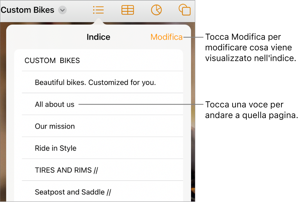 La vista indice con le voci in un elenco. Il pulsante Modifica è nell’angolo in alto a destra della vista.