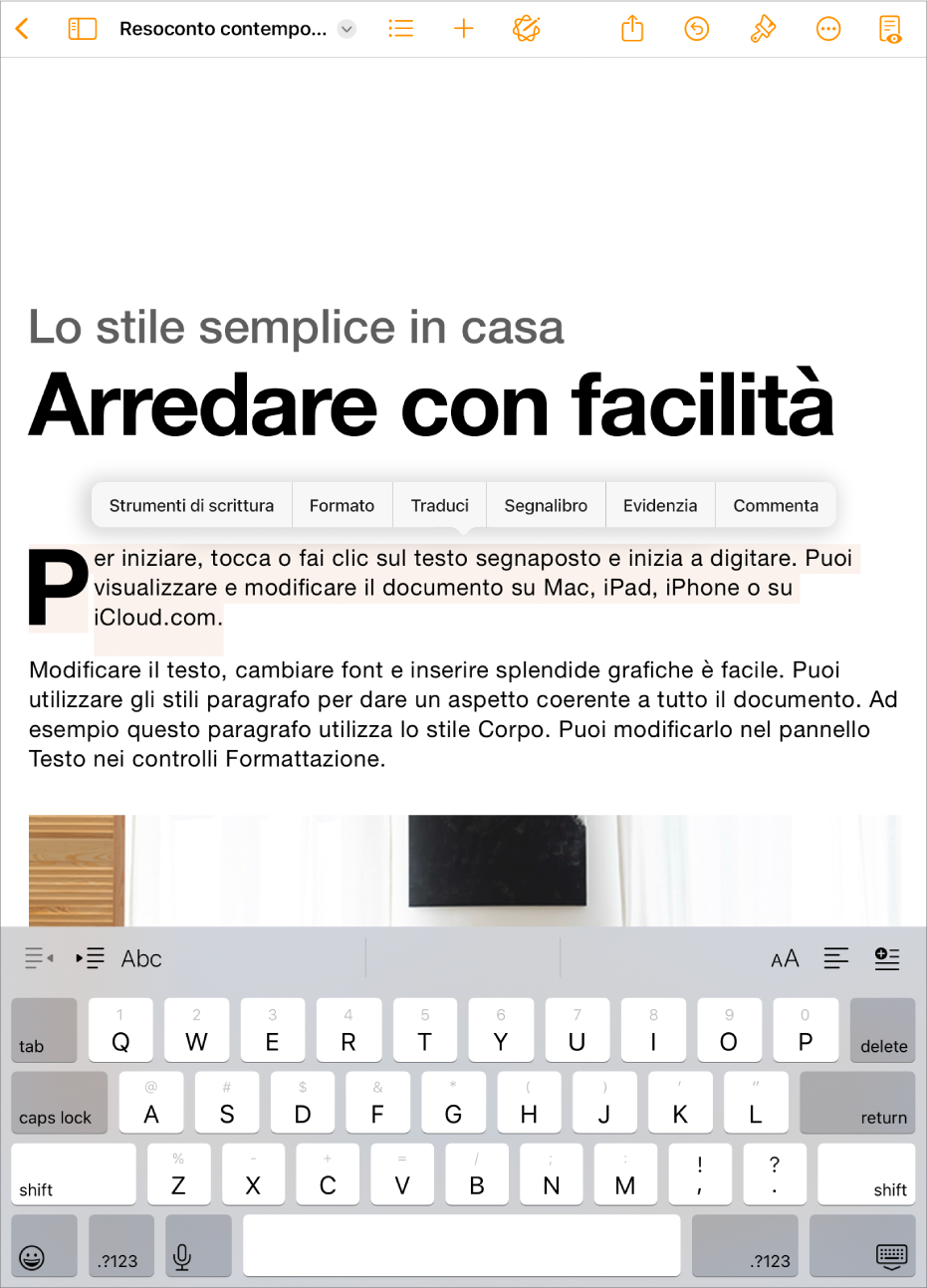 Documento di Pages aperto con testo segnaposto selezionato.