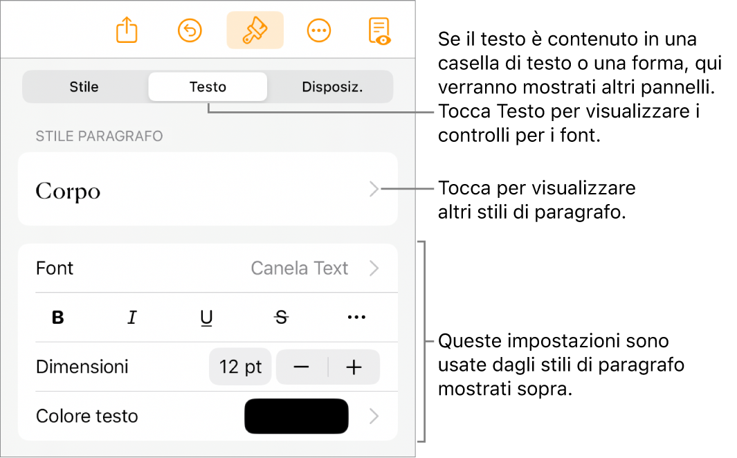 Menu Formato con controlli di testo per impostare stili carattere e paragrafo, font, dimensione e colore.