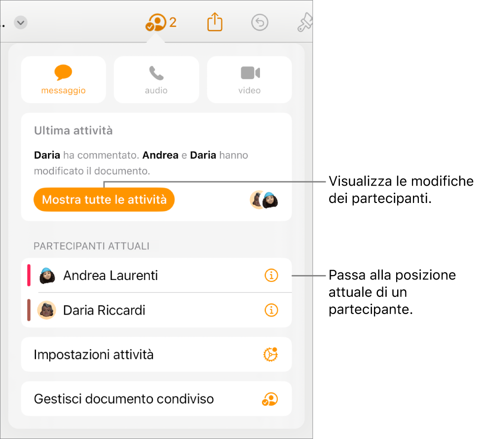 Il menu per la collaborazione i partecipanti attuali elencati.