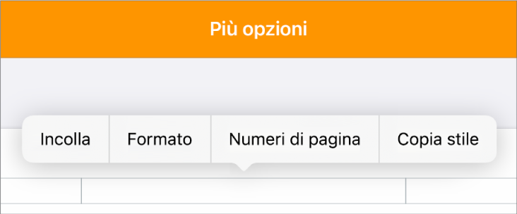 Tre campi di intestazione con il punto di inserimento in quello centrale e un menu a comparsa che mostra “Numeri di pagina”.