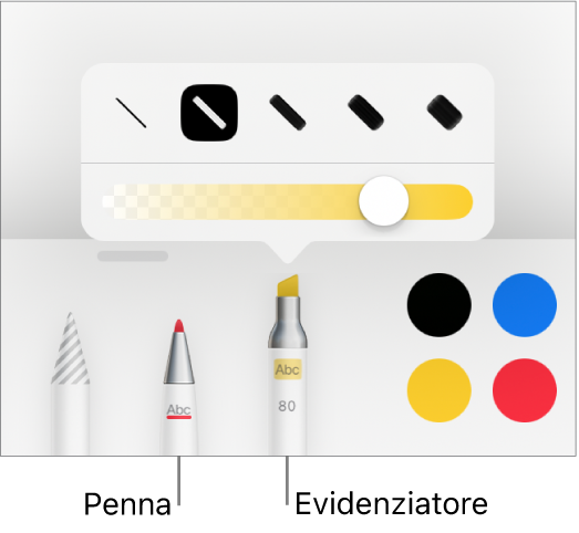 Menu degli strumenti per le note smart con i pulsanti per la penna e l’evidenziatore, le opzioni per lo spessore della linea e il cursore per l’opacità.