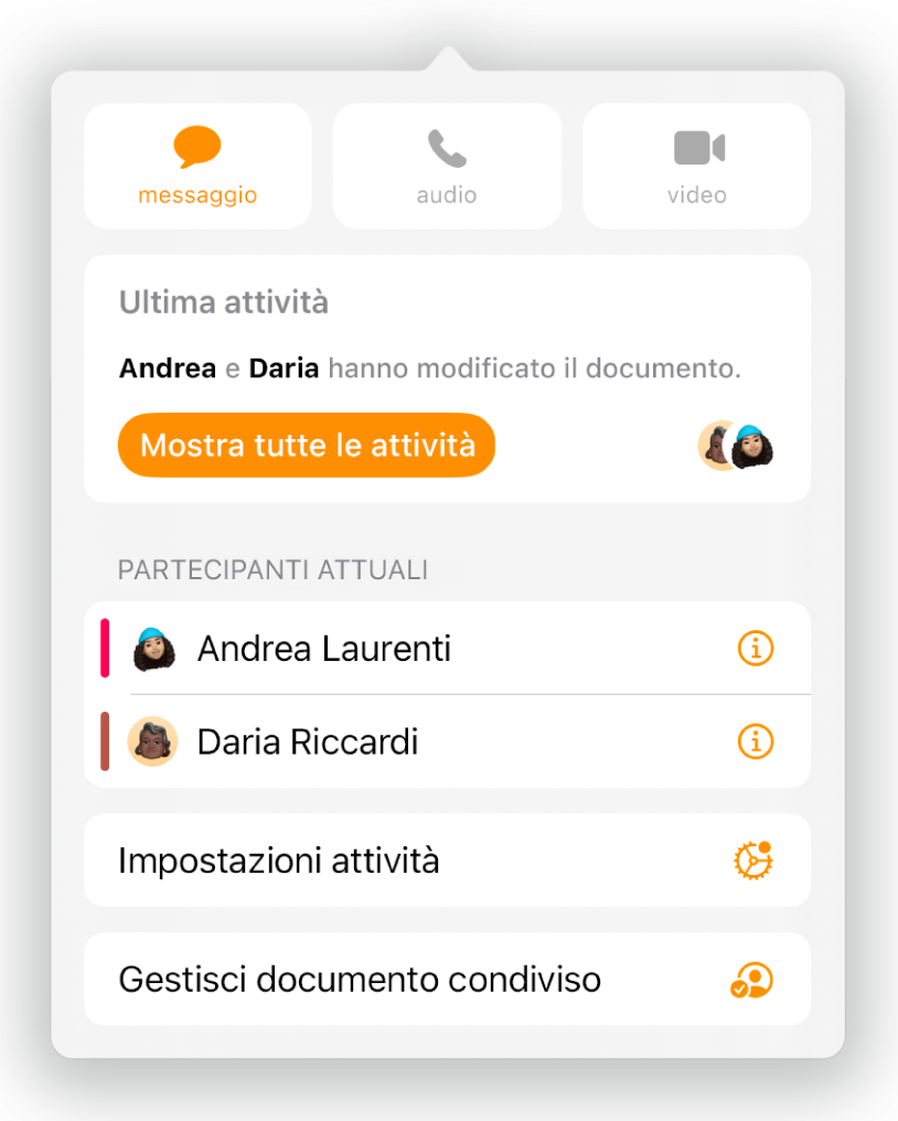 Il menu di collaborazione che mostra i nomi delle persone che stanno collaborando al documento.