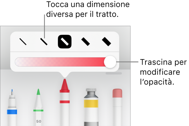 Controlli per scegliere una dimensione tratto e cursore per regolare l’opacità.