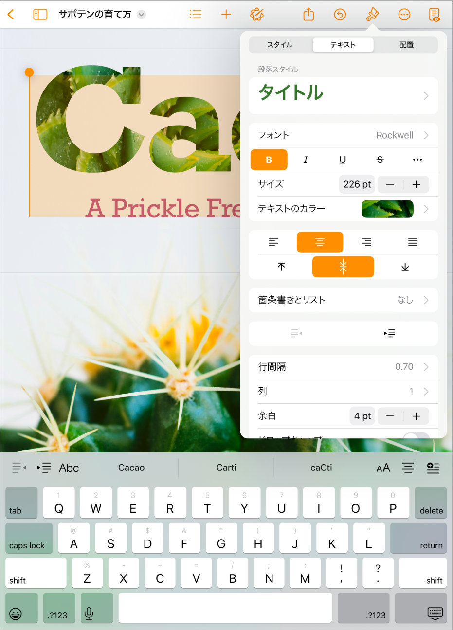 テキストが選択されていて、テキストフォーマットオプションが開いた状態で開いているPages書類。