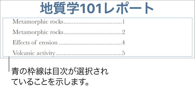 書類に追加された目次。エントリーに見出しとページ番号が表示されています。