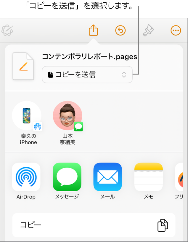 「共有」メニュー。上部で「コピーを送信」が選択されています。