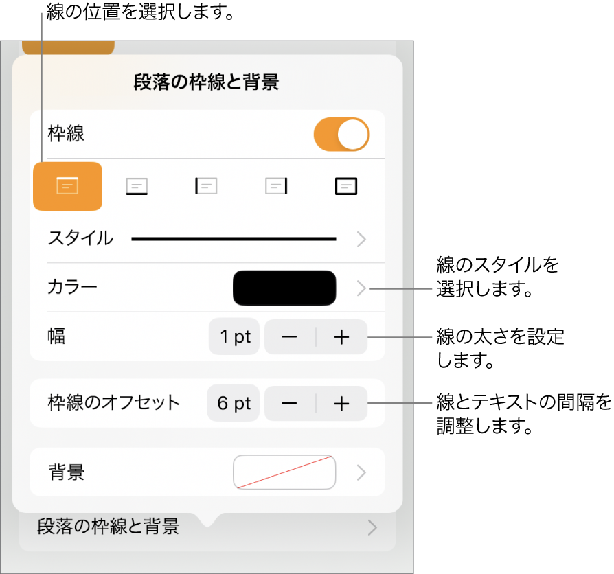 線のスタイル、太さ、位置、カラーを変更するためのコントロール。