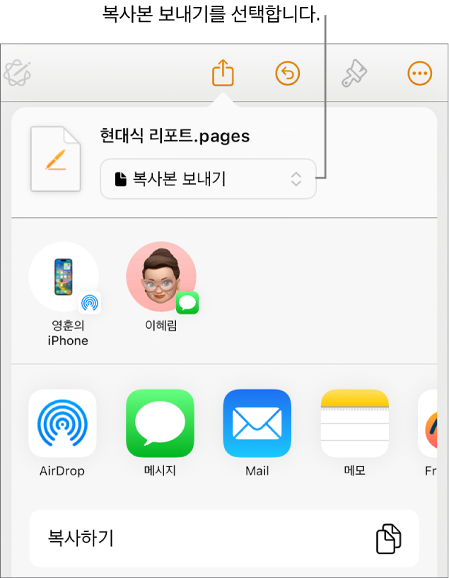 상단에 복사본 보내기가 선택되어 있는 공유 메뉴.