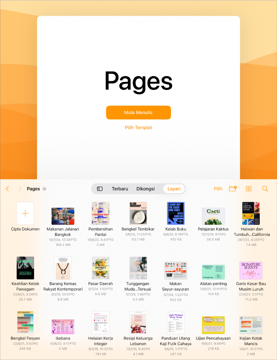 Pengurus dokumen Pages dengan butang untuk mula menulis atau memilih templat di bahagian atas skrin dan kawalan untuk membuka dokumen disimpan di bahagian bawah.