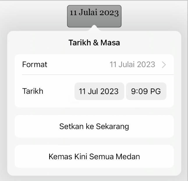 Kawalan Tarikh & Masa menunjukkan Format menu timbul untuk tarikh dan butang Setkan kepada Sekarang dan Kemas Kini Semua Medan.