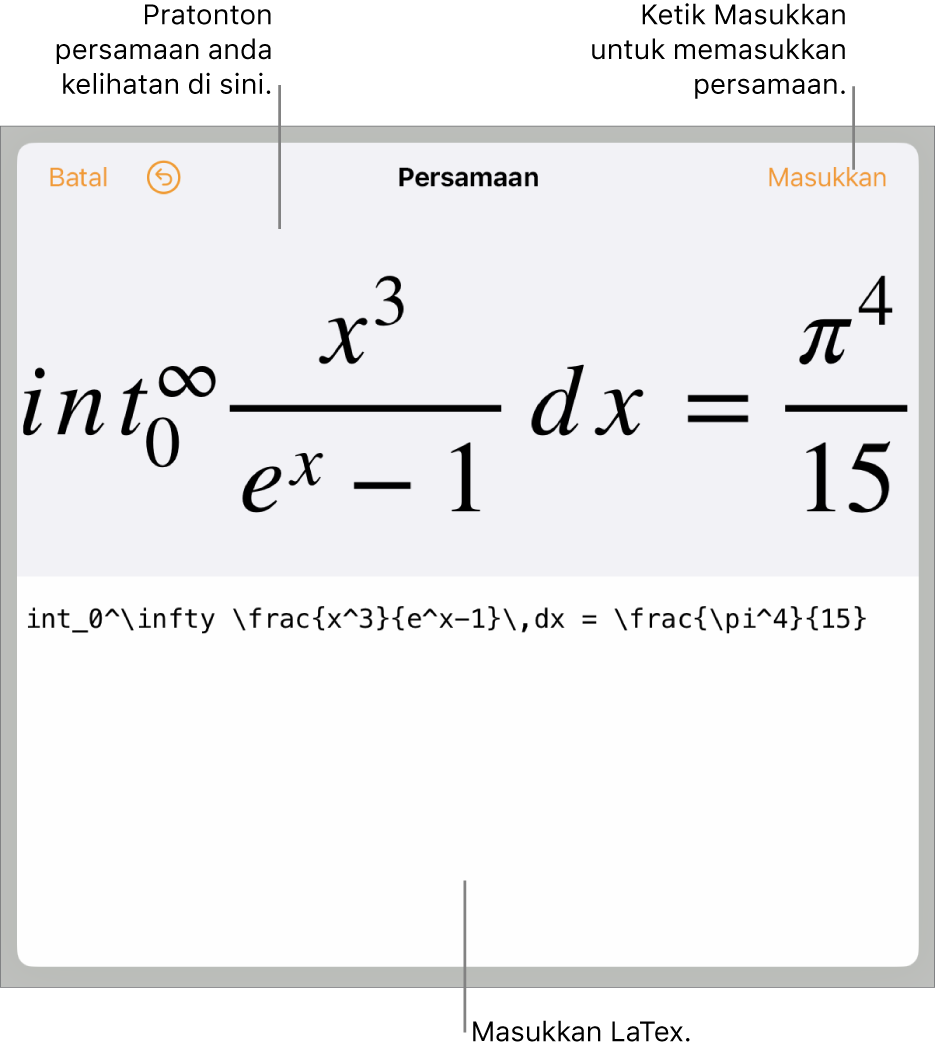 Dialog Persamaan, menunjukkan persamaan yang ditulis menggunakan perintah LaTex manakala pratonton formulanya di atas.