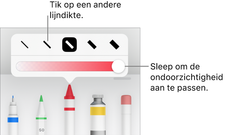 Regelaars voor het kiezen van een lijndikte en een schuifknop voor het aanpassen van de ondoorzichtigheid.