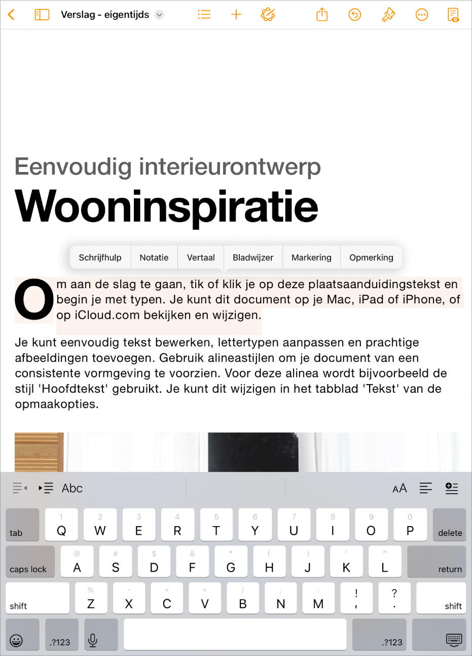 Een geopend Pages-document waarin plaatsaanduidingstekst is geselecteerd.
