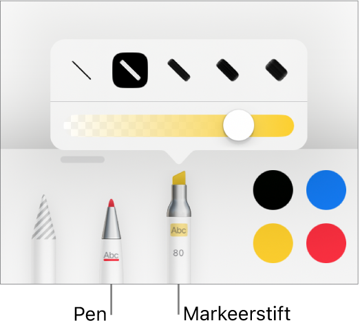 Het menu voor slimme annotaties met de knoppen 'Pen' en 'Markeerstift', opties voor de lijndikte en de schuifknop voor ondoorzichtigheid.