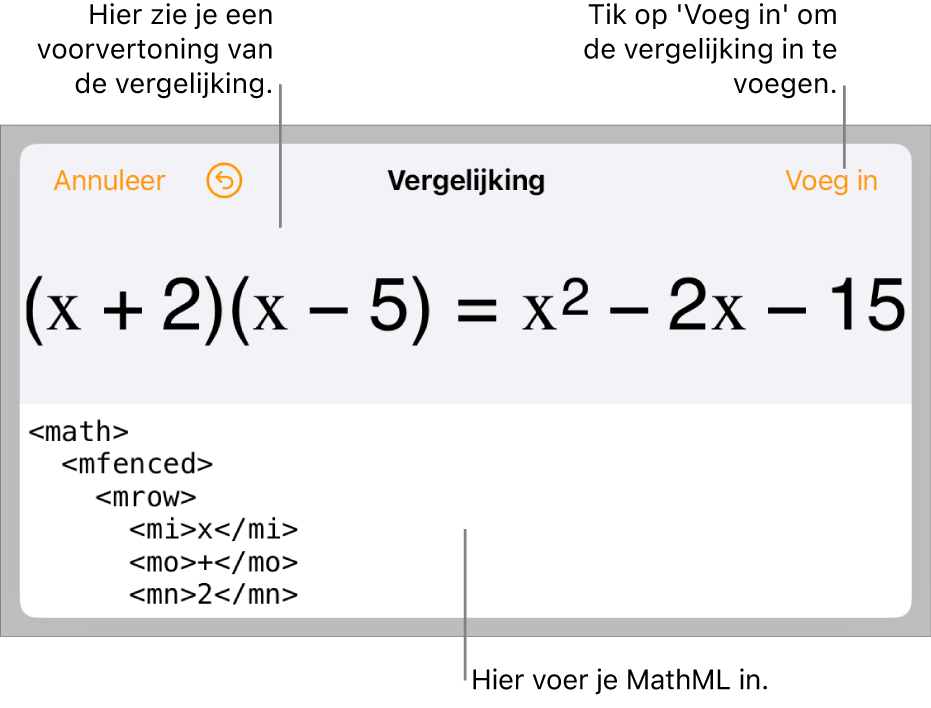 Het venster 'Vergelijking' met daarin een vergelijking die geschreven is met MathML-commando's en erboven een voorvertoning van de formule.