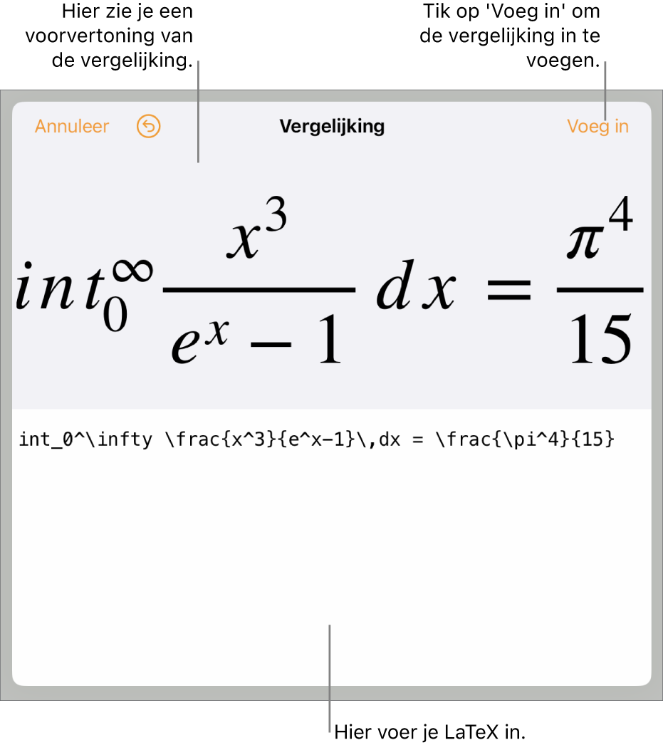 Het venster 'Vergelijking' met daarin een vergelijking die geschreven is met LaTeX-commando's en erboven een voorvertoning van de formule.
