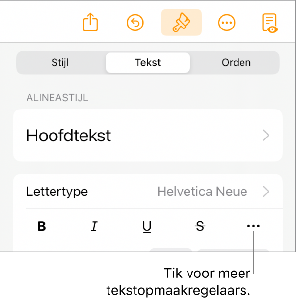 Het tabblad 'Tekst' in de opmaakregelaars met uitleg bij de knop voor meer tekstopties.