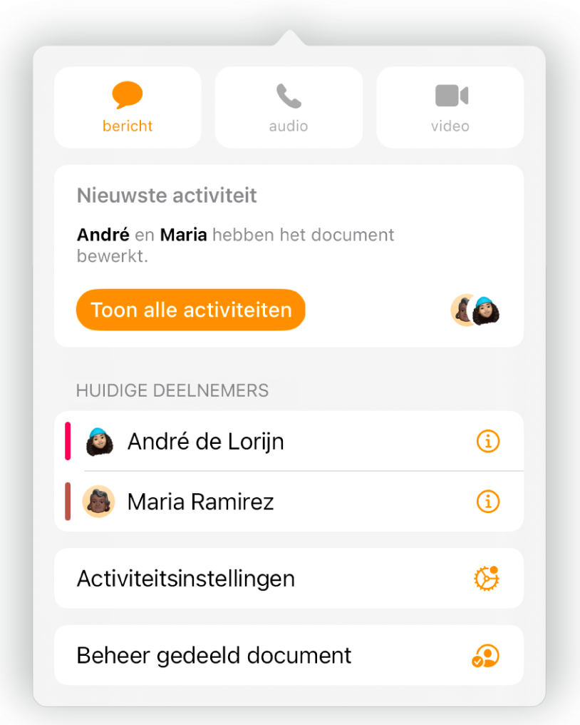 Het samenwerkingsmenu met daarin de namen van mensen die samen aan het document werken.