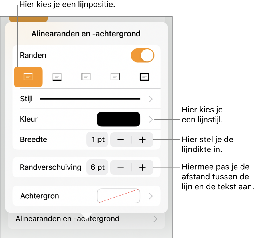 Regelaars voor het wijzigen van de stijl, dikte, positie en kleur van de lijn.