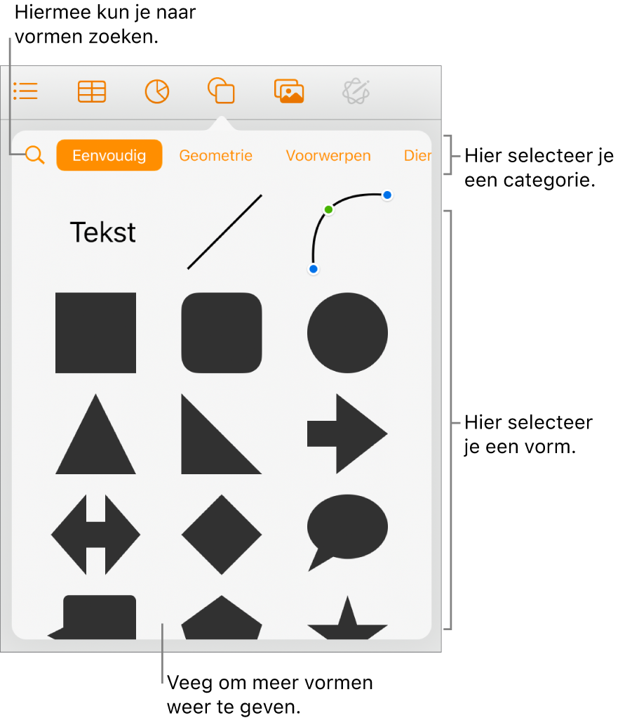 De vormenbibliotheek met bovenaan categorieën en onderaan vormen. Je kunt de zoekknop bovenaan gebruiken om vormen te zoeken. Veeg om meer opties weer te geven.