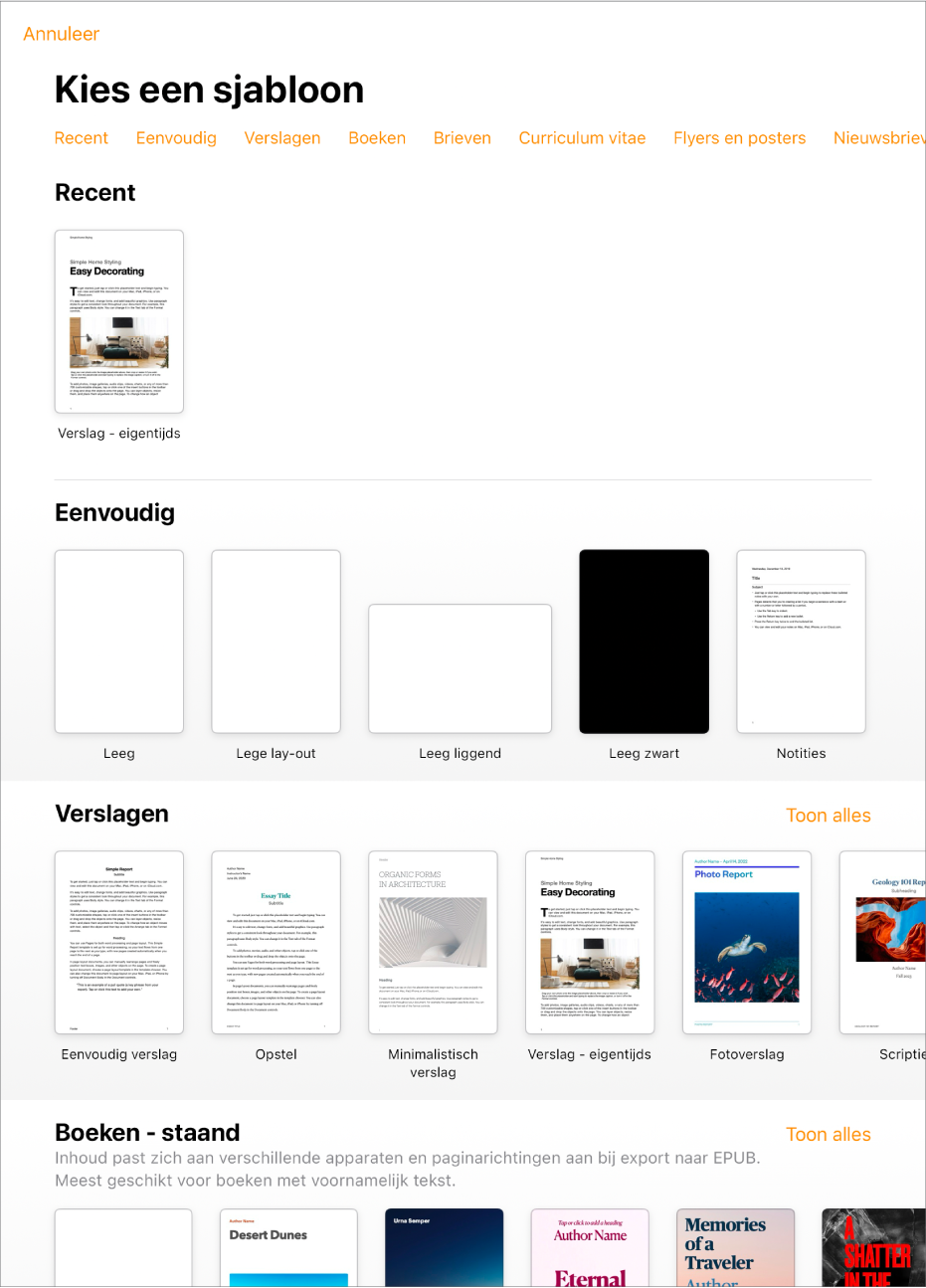 Hoofdpagina van de sjabloonkiezer.