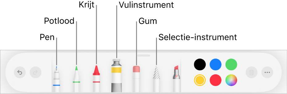 De knoppenbalk voor tekenen in Pages op de iPad met een pen, potlood, krijt, vulinstrument, gum en selectie-instrument en een kleurenvak met de huidige kleur.