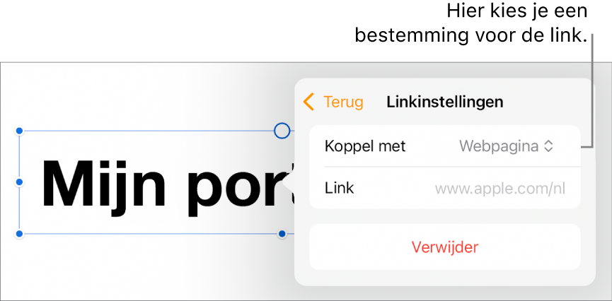 De regelaars voor linkinstellingen. 'Webpagina' is geselecteerd en onderaan staat de knop 'Verwijder'.