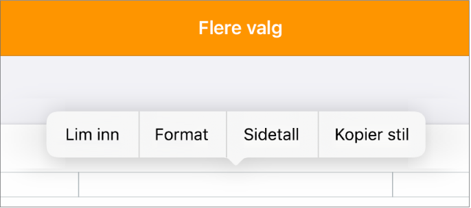 Tre topptekstfelter med innsettingspunktet i det midtre feltet og en lokalmeny som viser Sidetall.