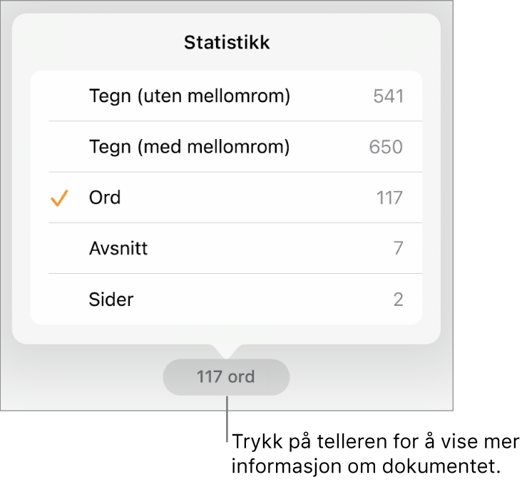 Ordtellingen, med en meny som viser valg for å vise antallet tegn med og uten mellomrom, ordantall, antall avsnitt og antall sider.