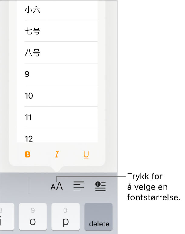 Fontstørrelse-knappen på høyre side av iPad-tastaturet, med Fontstørrelse-menyen åpen. Fontstørrelsene som kinesiske myndigheter har satt som standard, vises øverst i lokalmenyen med punktstørrelser nedenfor.