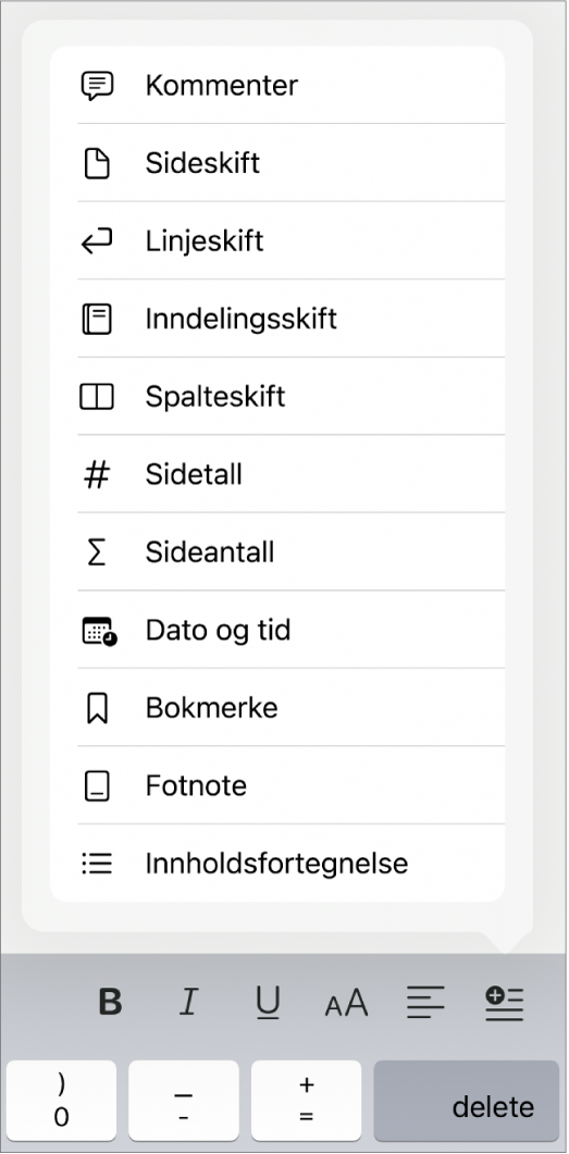 Snarveislinjen med Sett inn-kontrollene åpne over Sett inn-knappen.