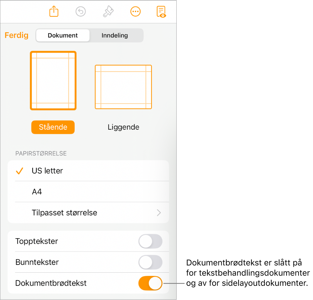 Dokumentformatkontrollene med Dokumentbrødtekst slått på nesten nederst på skjermen.