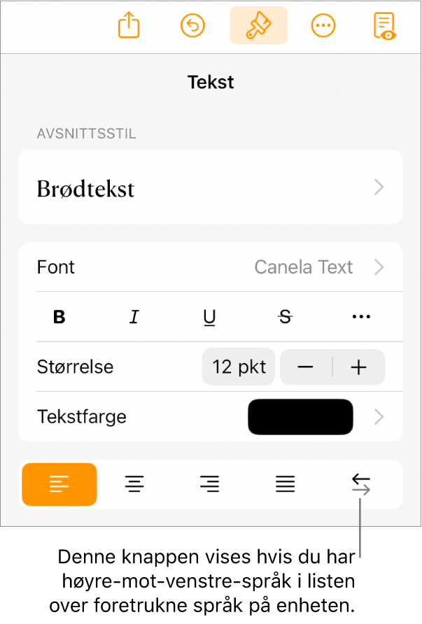 Tekstkontroller i Format-menyen med en bildeforklaring som peker på Høyre til venstre-knappen.
