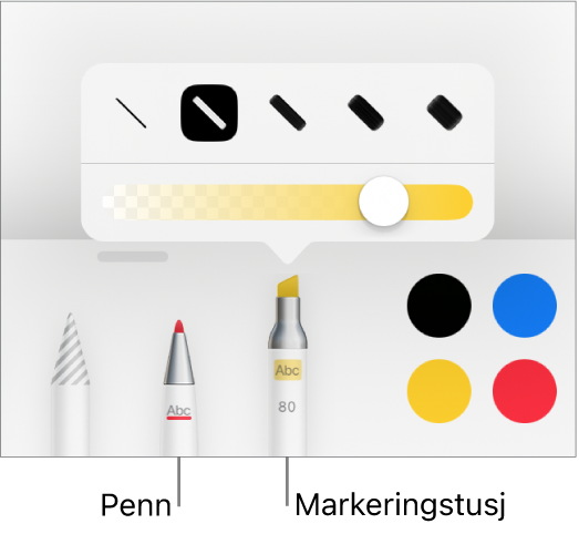 Smart merknad-verktøymenyen med penn- og uthevingsknapper, linjebreddevalg og opasitetsskyveknappen.