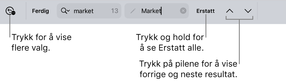 Søk og erstatt-kontrollene over tastaturet med bildebeskrivelser for knappene for Søkealternativer, Erstatt, Gå opp og Gå ned.