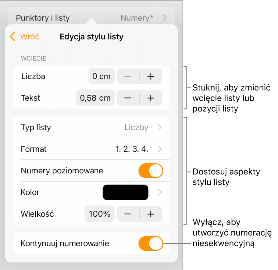 Menu Edycja stylu listy z narzędziami sterującymi wielkością wcięcia, typem i formatem listy, numerami warstw, kolorem i rozmiarem listy oraz numeracją ciągłą.