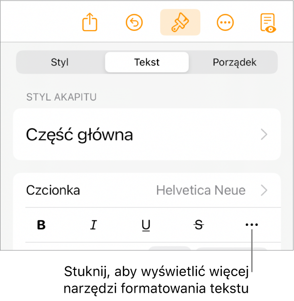 Karta Tekst w narzędziach formatowania ze wskazanym przyciskiem Więcej opcji tekstu.