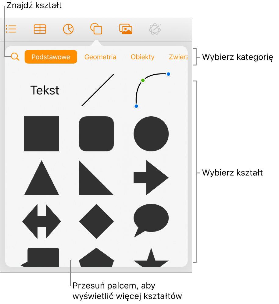 Biblioteka kształtów, na górze widoczne są kategorie, a na dole kształty. Możesz użyć znajdującego się na górze przycisku wyszukiwania, aby wyszukiwać kształty. Przesuń, aby zobaczyć ich więcej.